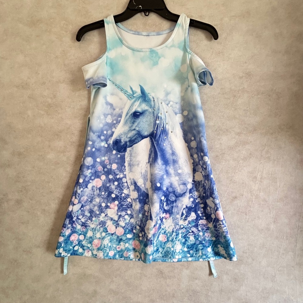Girls Blue Unicorn Cold Shoulder A-Line Dress Rhinestone Accents Kids Size L